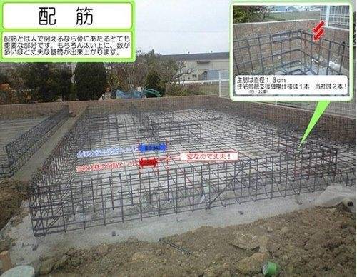 エムズコートなかもず（堺市北区百舌鳥梅北町３丁）全２５区画新築一戸建て　公庫仕様では、直径1センチの鉄筋を30センチ間隔で配置するようになっていますが、当社は20センチ間隔とし強度アップ 